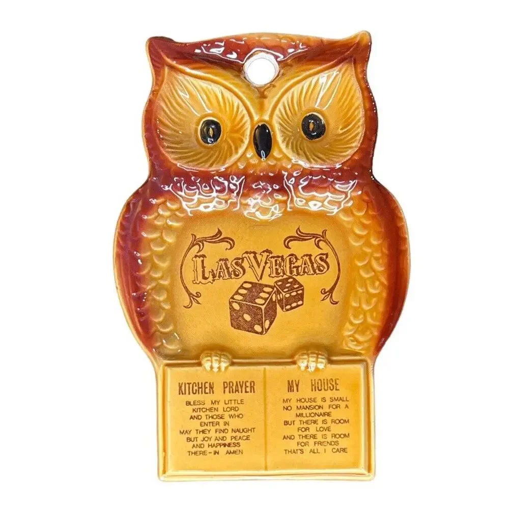 Vintage Owl Prayer Vegas Ceramic Kitchen Wall Plaque Spoon Rest Made In Japan